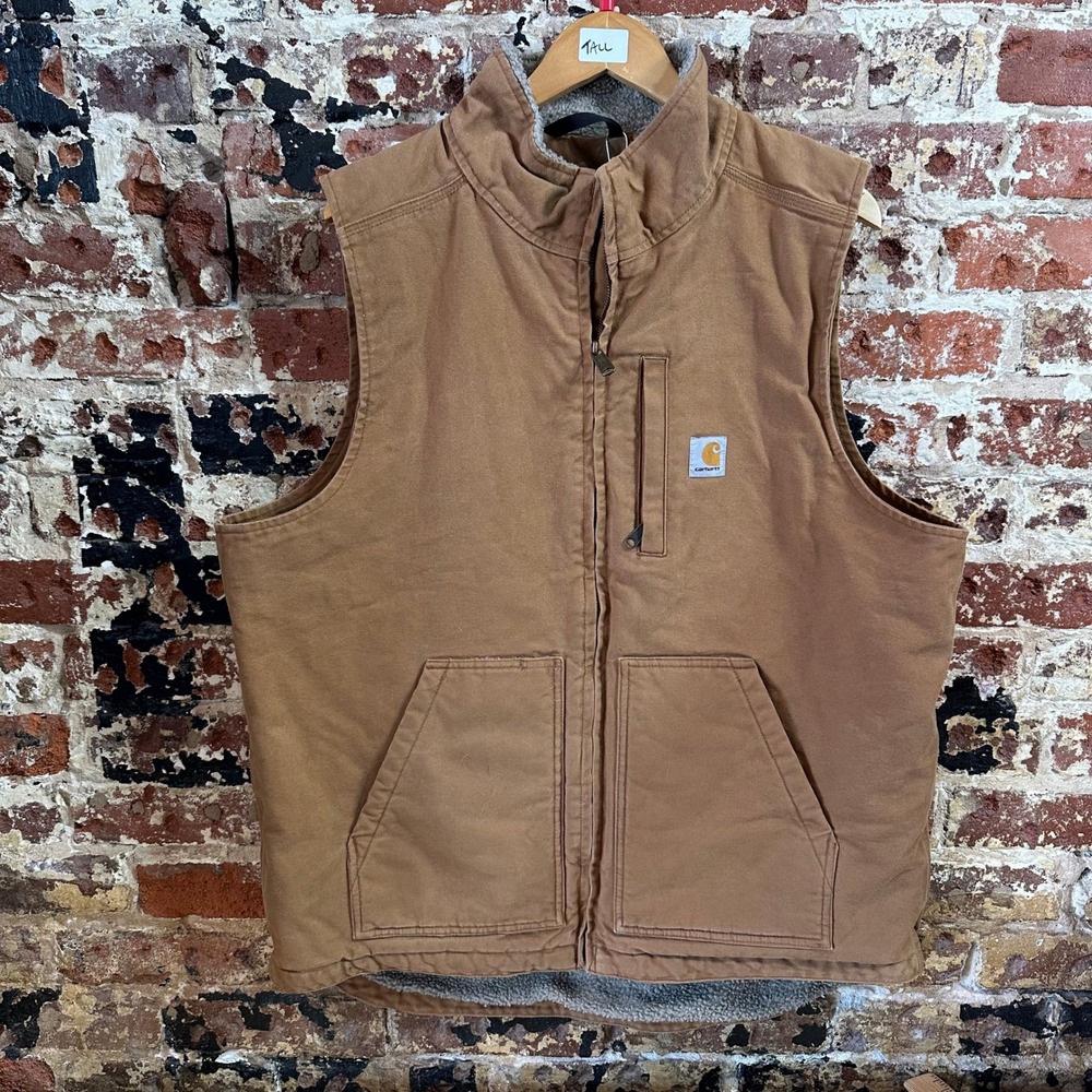 Carhartt Brown Washed Duck Canvas Full Zip Sherpa Lined Vest Men's Large Tall